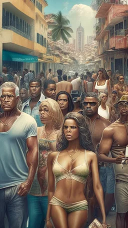 World celebrities, rich people, in a Brazilian city, a movie scene, a realistic picture