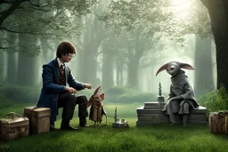 realistic young Harry Potter talking to Dobby in front of white house