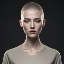 ((young woman pale skin)), dark background, mid shot, full body, neutral expression, buzzcut hair, ultra realistic, highres, superb, 8k wallpaper, extremely detailed, intricate, limited palette,