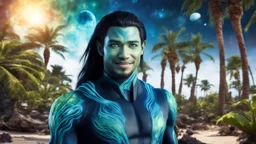 beautiful gorgeous young man na'vi with long hair, Avatar, blue skin, two small ears, green eyes, black hair, in cosmic suit, galactic ambiance, medium pointy goatee , smiling, with spaceship and planets and palm trees and clear crystaline cosmic beach in background