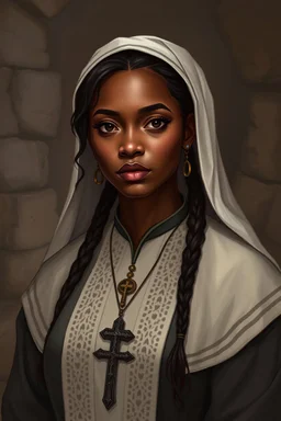 black woman dressed in cleric attire. Fictional environment.