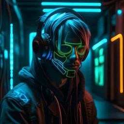Boy, headphones, neon, front face, cyberpunk, mask