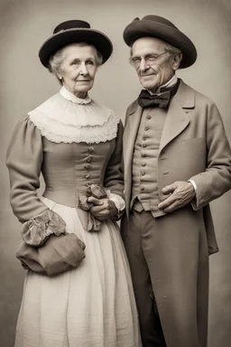 elderly married couple of sixty years dressed in simple 19th century attire