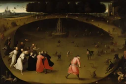 View of Elysium with dark female flying around over people running away in fear, creatures crawling, Hieronymus Bosch