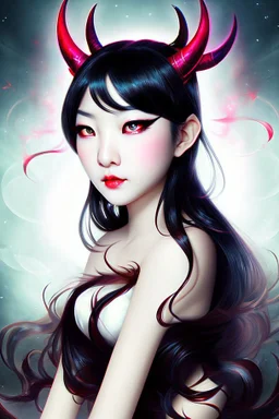 Beautiful devil asian girl with devil horns on her head, with brown eyes, detailed, looking at the camera, princess