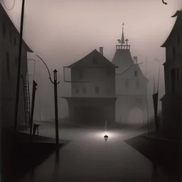 Dark street night figure fog odd Yves Tanguy spooky