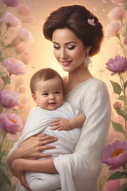 A mother holding a baby with love and compassion, great quality picture show flowers in the background in a romantic scene . 8K, a happily motherhood