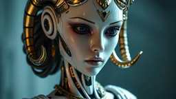 an automaton, doesn't have horns,a beautiful mechanical female demon, beautiful curves, made of ivory porcelain skin, with bronze gold trims, doll-like features, dressed in classical greek clothes, empty black eyes and unexpressive face, full figure, photorealism,face showing deep contemplation, highly detailed, cinematic lighting, Ray tracing