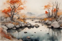 beautiful intricate wetland with boulders and autumn trees, soft delicate watercolor, dramatic, perfect composition, by Arthur Rackham highly detailed intricate very attractive beautiful fantastic view watercolor Arthur Rackham Jean-Baptiste Monge Egon Schiele muted tones professional Enki Bilal patchwork watercolor and ink Xuan Loc Xuan