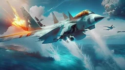 fighter jet shoots at passenger plane while flying over the ocean