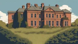 disused, Victorian manor house, blue sky, over-grown fields, vector art