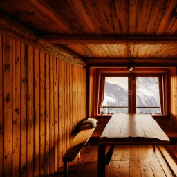 Mountain hut interior, five poeple, Austrian aesthetic, warm colors, wooden floor, night time, 8k, HD, cinematography, photorealistic, Cinematic, Color Grading, Ultra-Wide Angle, Depth of Field, hyper-detailed, beautifully color-coded, insane details, intricate details, beautifully color graded, Cinematic, Color Grading, Editorial Photography, Depth of Field, DOF, White Balance, 32k, Super-Resolution, Megapixel, ProPhoto RGB, VR