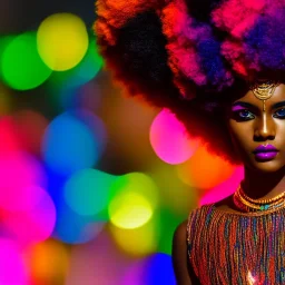 full body shot, masterpiece, best quality, man of median age, black skinned, sparkling eyes, fluorescent skin, colorful makeup, afro, highly detailed body, afrofuturism, scifi, sun light, 4K, RAW, depth of field, high contrast, realistic details, 24mm