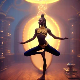 upper body of beautifull dark skinned dhalsim, yoga flame, delicate hands , stretching artist with long hair in a yurt in the air, maze background , levitated lab equipment, 4k, Highly Detailed, Masterpiece, perfect eyes, Digital Illustration, Cinematic Lighting, Realistic, Sharp Focus, Centered, Beautifully Lit, Bioluminescent by Stanley Artgerm Lau