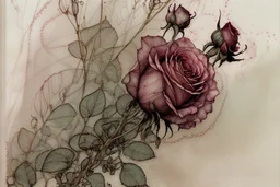 beautiful intricate rose field, soft delicate watercolor, dramatic, perfect composition, by Arthur Rackham highly detailed intricate very attractive beautiful fantastic view watercolor Arthur Rackham Jean-Baptiste Monge Egon Schiele muted tones professional Enki Bilal patchwork watercolor and ink Xuan Loc Xuan