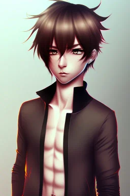 anime boy with short brown hair with split bangs, black outfit