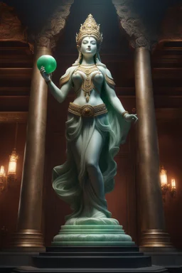 highly detailed marble and jade statue on a plint of the goddess of love. small bosom,. . full body shot, invisible gloves, , volumetric fog, Hyperrealism, breathtaking, ultra realistic, unreal engine, ultra detailed, cyber background, Hyperrealism, cinematic lighting, highly detailed, breathtaking, stunning temple environment