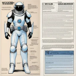 #5 Original Art by Howard Chaykin (Vortex Comic, 1988): character concept sheet with AD&D statistics and characteristics for the TTPRG "Valerian and Laureline", [illustration by Jean-Claude Mézières (1967)] spacio-temporal agent Kael Dravan (male human), in spacesuit, ready to drive a spaceship
