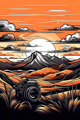 A panoramic camera capturing a vast mountain landscape at sunset, with dramatic cloud formations. Style: Bold, graphic, Mood: Epic, Lighting: Warm sunset colors, T-shirt design graphic, vector, contour, white background tune share more_vert