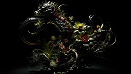 create a 4k image of a small hybrid sculpture that is a mix of an exotic flower and Xenomorph, intricate detail, long dragontail-like shapes, the sculpture floats in black space