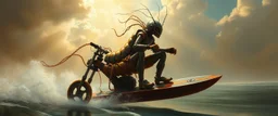 master oil painting by Rembrandt, viggo sandvik as insane centipede wild ginger robot on surfboard boat snow scooter mega trike , goa trance glitch poster, background motion blur, volume fog with light rays, jesus clouds