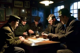 Smoky pub, cheerful young men drinking around a table, a policeman looking thoughtfully at the ID card of one of the boys, lamplight