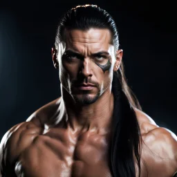 Shirtless Handsome 40 year old warrior with long dark hair pulled back in a pony tail and a goatee. headshot. photorealistic. 4k. Dark Fantasy