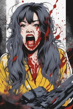 90s Japanese horror illustration, cartoonist Anime art, a woman screaming beheaded, bloody, splatter, gore art, pixelated art, high definition, giallo style, dario argento,