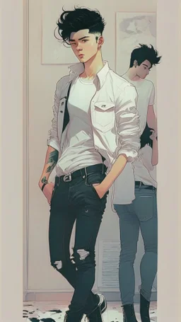 Teen man, black hair, perfect face, style of tomer hanuka, jeans, white, t-shirt, pompadour