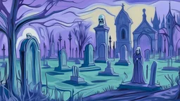 A purple graveyard filled with ghosts near a mansion painted by Edvard Munch