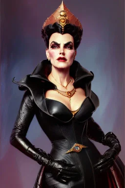 painting of EZADA SINN as evil queen in black leather gown, feminie, angry, stern look on her face, emperious, highly detailed, digital painting, artstation, concept art, smooth, sharp focus, illustration, art by gaston bussiere and alphonse mucha