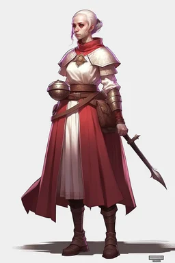 full length, 22-year old female cleric, shaved head, red bracelet, scale mail