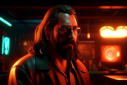 4k full details. maximum lights. Portrait animateur radio the big lebowski cyberpunk, incendie en arrière plan