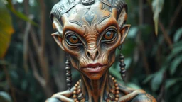 Plano general, hiperrealista, ultra HD, de un alien humanoide mujer, con rasgos mayas, tatuajes tribales, piel cobriza texturizada, cráneo alargado, joyas tribales ojos grandes, almendrados, pupilas redondas y oscuras, nariz pequeña y ancha, fosas nasales pequeñas, labios finos, orejas puntiagudas. fondo de la figura entorno selvático.