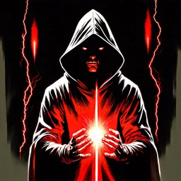 90's TCG art retro fantasy art of a hooded figure blasting red light beams out of hands