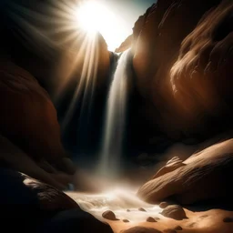 A waterfall in a desert, natural light, glowing, dreamy