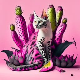 A cat surrounded by dragon fruits on a light background for removal