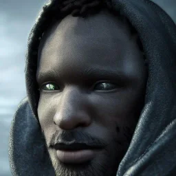 mysterious, black man, long curly black hair, scar on eye, hooded, post-apocalyptic, realistic, intriacte detail, sci-fi fantasy style, volumetric lighting, particales,highly detailed,cinamatic, deep colours,8k