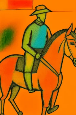 Man on horseback in the style of Paul Klee, Degas, pastel chalk with thin sketchy lines, vibrant colours, ink transfer