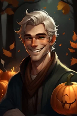 tieffeling, smile, horn, clerc, man, young, grey hair, bleu eyes, druid, pumpkin, no wrinkles, fire