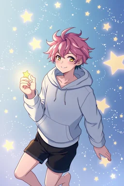 An androgynous young man with tousled pink hair and golden eyes floating among the stars wearing a light blue hoodie and black board shorts. He is smiling softly and holding a star in one hand. Realistic