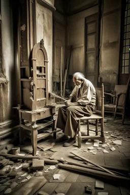 An old man cutting on an old chair in side an old temple bound by a bomb, burdened with worries without a background