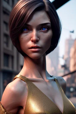 brunette elf, 8k, ultrarealistic, dynamic pose, complete body, LEGS!, intricately detailed, short hair, detailed hair, octane render, dynamic light, visible ultradetailed body, unequal sized eyes, unequal sized iris in eyes, unequal sized pupils, complete body in frame