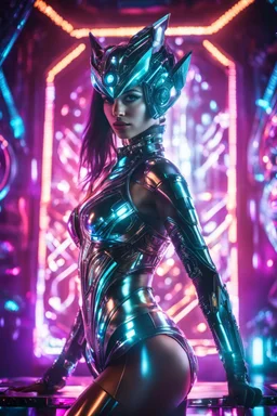 Photography High detailed super model beautiful woman as DJ body warframe in disco club playing music,with cybernetic elements on metal dessing futuristic, neon lights reflections,intricate design and details, dramatic lighting, Cinematic lighting, Volumetric lighting, Epic composition, Photorealism, Bokeh blurry