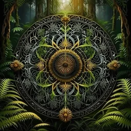 realistic image like a photo of Indian mandala with forest roots, trees, ferns