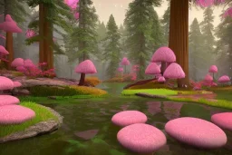 Fantasy dreamworks forêt maison dans les grands arbres avec champignons roses et une rivière bordée de grandes fleurs roses, lumiere volumetrique, unity engine, HQ