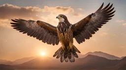 a resplendent falcon stands aloft, exuding majestic splendor in its luxurious surroundings. Its majestic wings, spread wide and strong, reflect the soft glow of a setting sun.