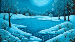 A cyan snowfield with falling snowflakes and a frozen lake designed in Mexican folk art painted by Frank Wilson