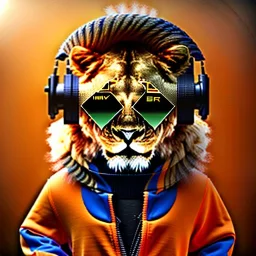 Lion toddler, smile, steampunk headphone, sunglass, gangsta neckless, full body, orange puffer jacket, tokio background, dramatic lighting, hyper realistic, unreal engine 5, 16k