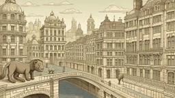 Illustration of a cityscape with a river in the foreground, featuring several large buildings with a uniform architectural style, characterized by multiple windows and a grid-like facade. The buildings are colored in muted tones of beige, brown, and gray, with black outlines defining their shapes. In the foreground, there are two stone lion statues resting on a ledge, their reflections visible in the water. The river reflects the buildings and the sky, creating a symmetrical effect. A small boat